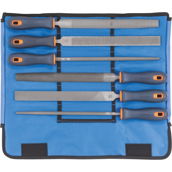 Set di 6 lime con impugnatura bicomponente in busta avvolgibile metallo/legno