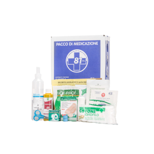 Pacco medicazione per cassette pronto soccorso con contenuto base allegato 2 a norma del DM 388 del 15.7.2003 e D.L. 81 del 09/04/08 art.45.