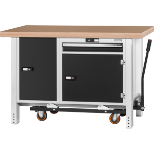 GARANT GRIDLINE - Banco da lavoro con carrello, dispositivo di regolazione dell’altezza e morsa a vite, con piano in faggio multiplex, 20x20G, Lunghezza piano: 1250 mm